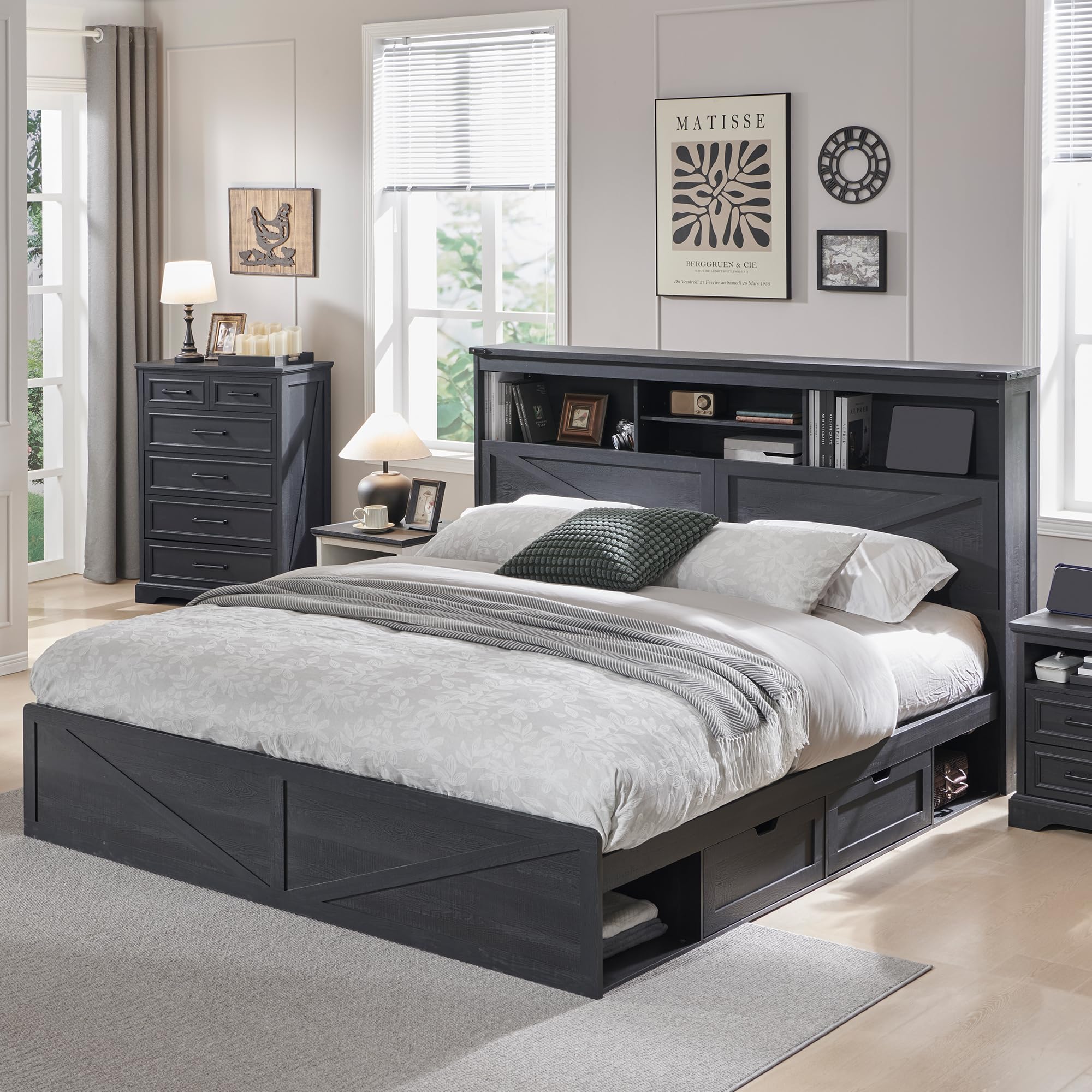 King Size Bed Frame With Storage Drawers - 52インチの高さの収納付き本棚と4つの引き出しを備えた、木製のフレームを使用した、農家風のキングサイズベッド。LEDライト付き。