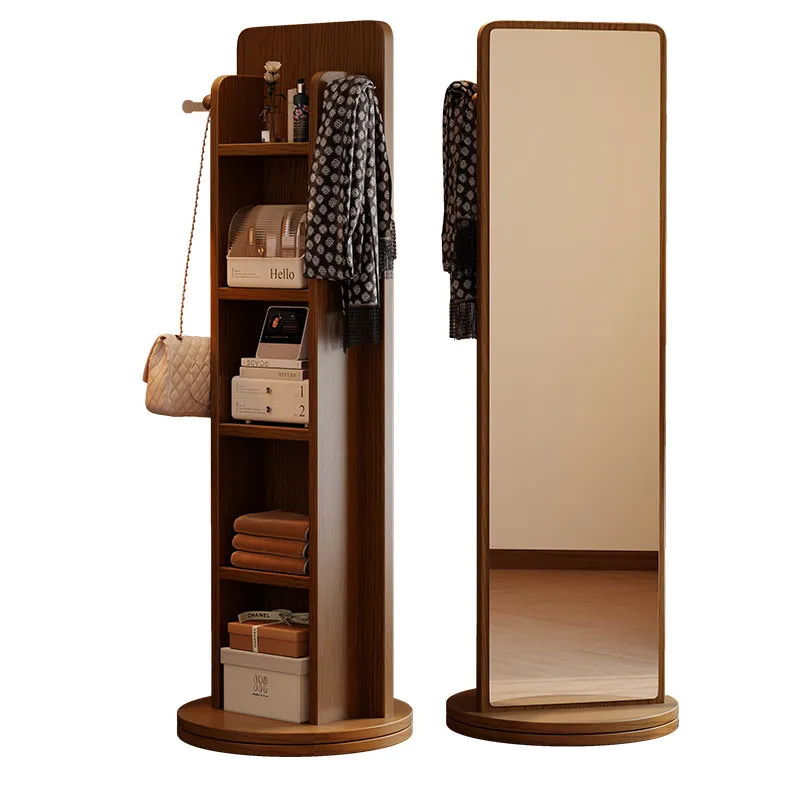 Full Length Mirror Jewelry Armoire - 正方形回転式全身鏡、マガジンラック収納付き、移動可能な自立式ドレッシングミラー（家庭用寝室向け）