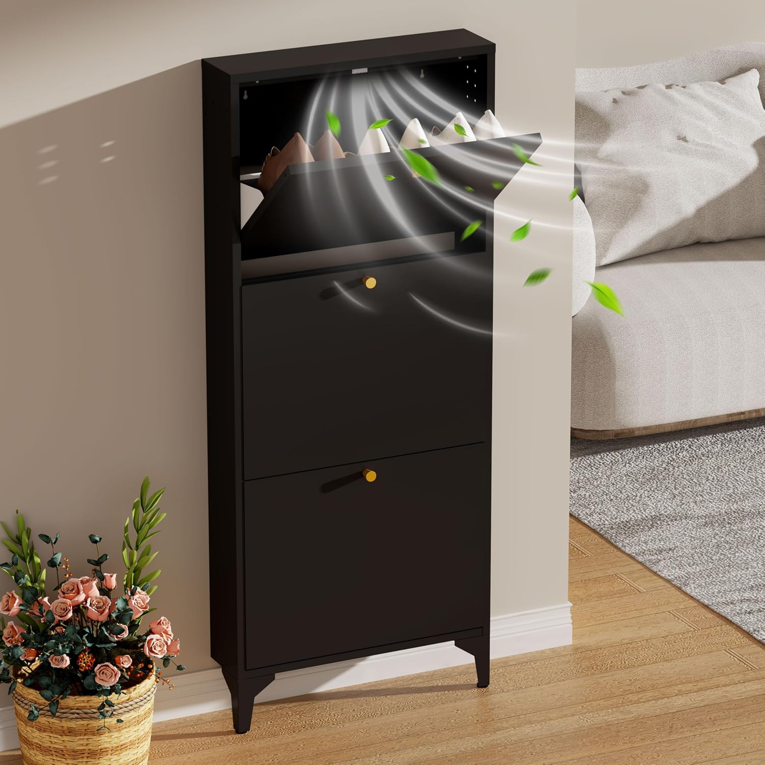 Shoe Rack Cabinet Narrow Entryway - スリムな金属製シューズキャビネット。引き出し3つ、隠し収納スペース付き。玄関、廊下、リビングに最適。自立式。サイズ：19.69インチ。色：黒。カスタマイズ可能。