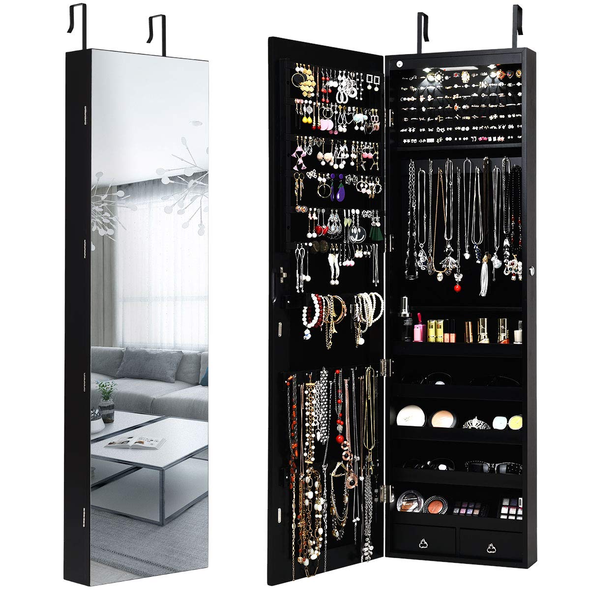 Full Length Mirror Jewelry Armoire - 壁掛けまたはドア掛け式の全身鏡付きジュエリー収納キャビネット、高さ47.5インチ。
