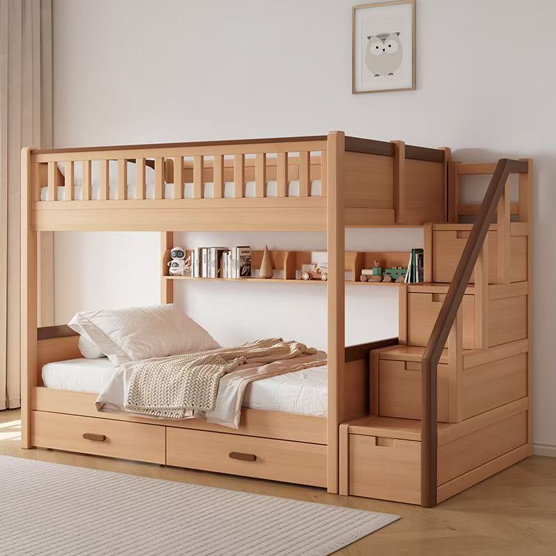 Bunk Bed With Stairs And Slide - 天然オーク材二段ベッド、スライドと引き出し付きキャビネット階段、木製子供用二段ベッド、子供部屋寝室家具