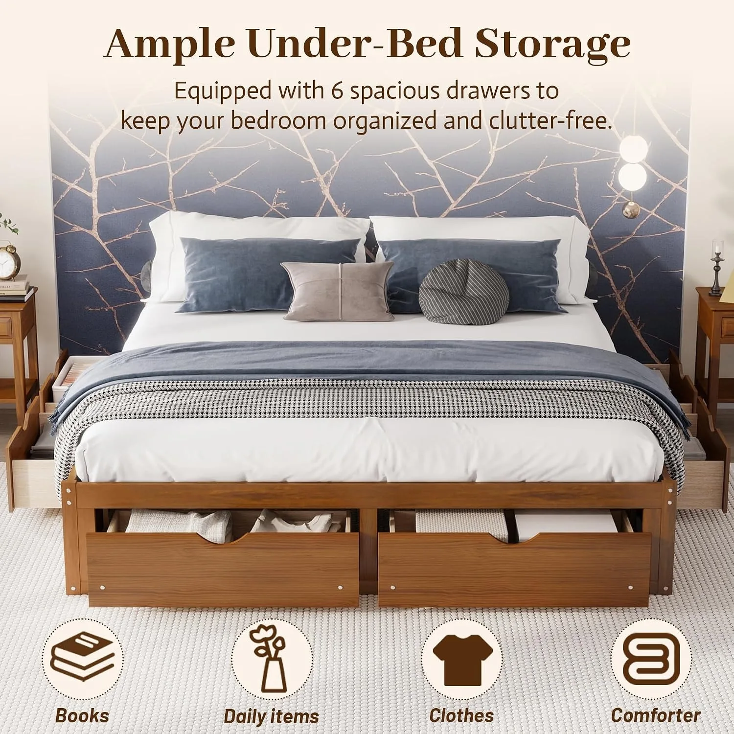 King Size Bed Frame With Storage Drawers - ミニマルなデザインのパイン材製プラットフォームベッドフレーム。収納引き出し6つ付き、耐荷重500ポンド、ヘッドボードなし。寝室用、キングサイズ、カスタムメイド。