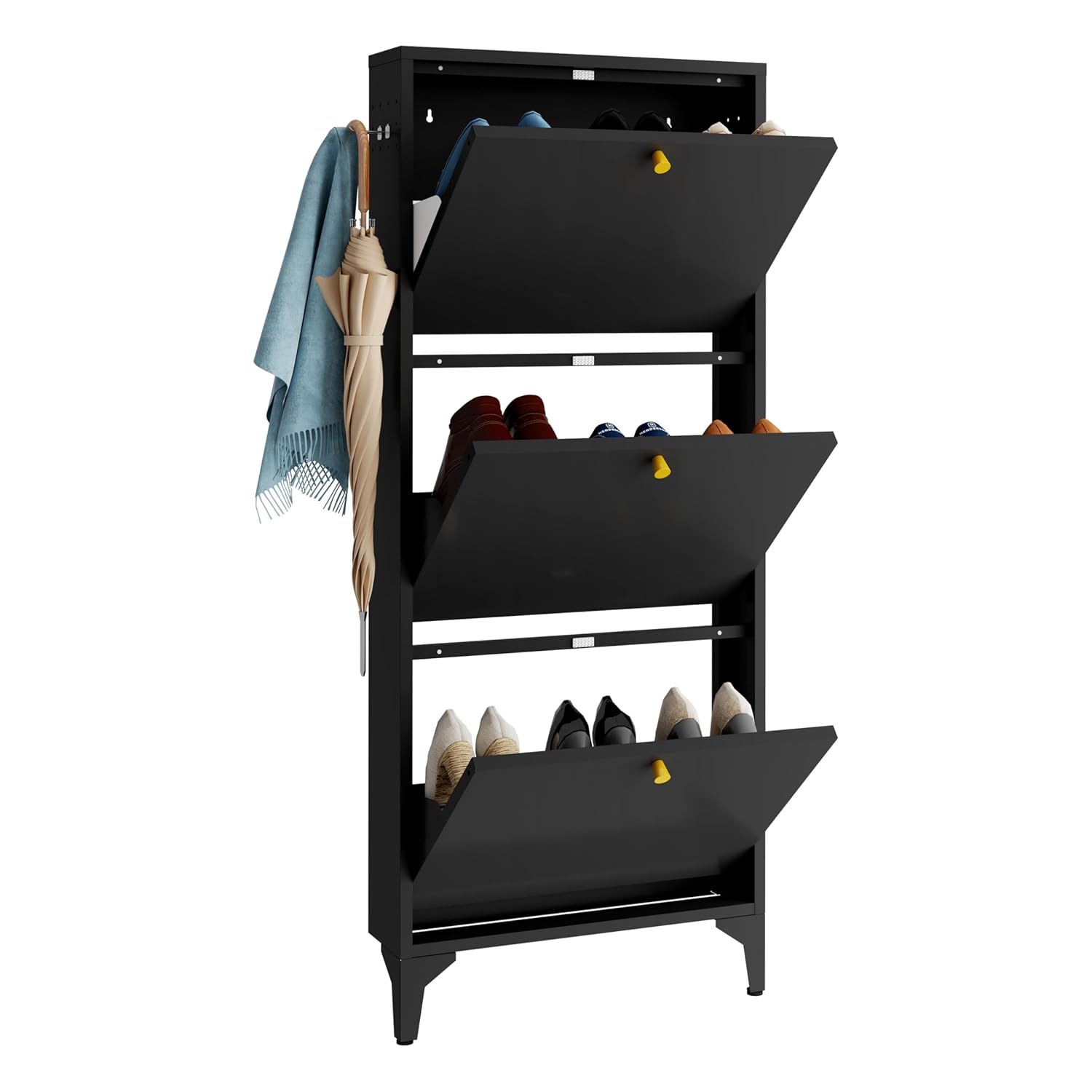 スリムな金属製シューズキャビネット。引き出し3つ、隠し収納ス - Shoe Rack Cabinet Narrow Entryway のレビューと価格