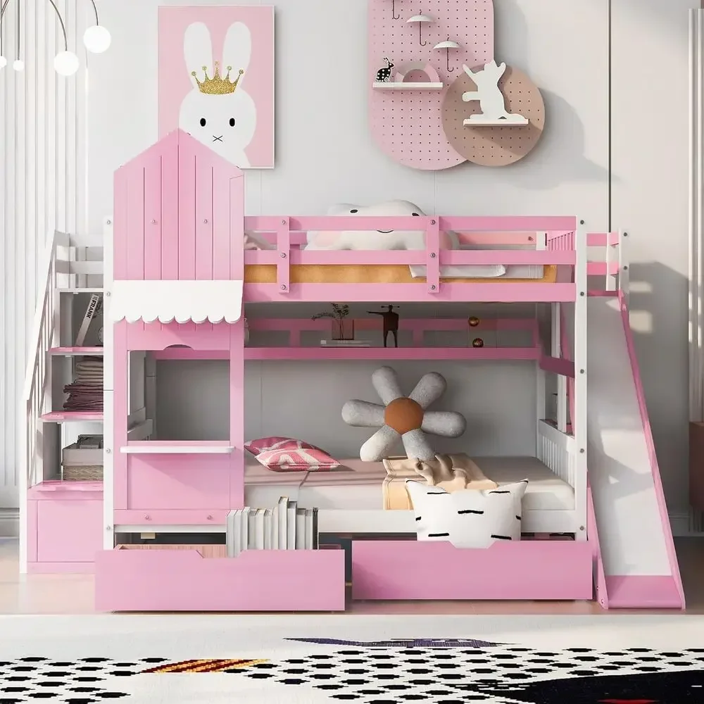 階段、滑り台、収納引き出し付きの子供用二段ベッド。お城風のデ - Bunk Bed With Stairs And Slide のレビューと価格