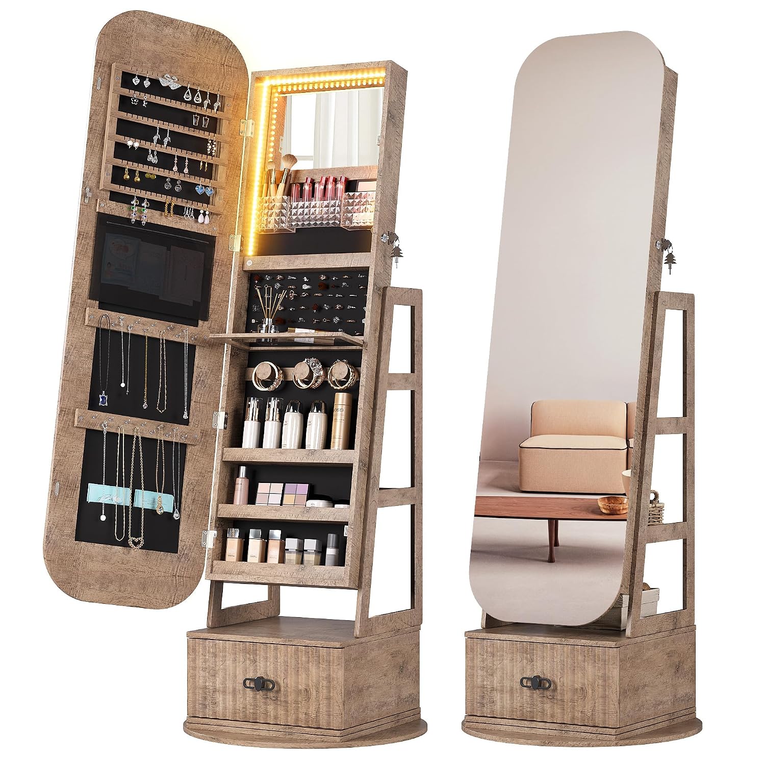 360度回転式のジュエリー収納キャビネット。全身鏡付き。 - Full Length Mirror Jewelry Armoire のレビューと価格
