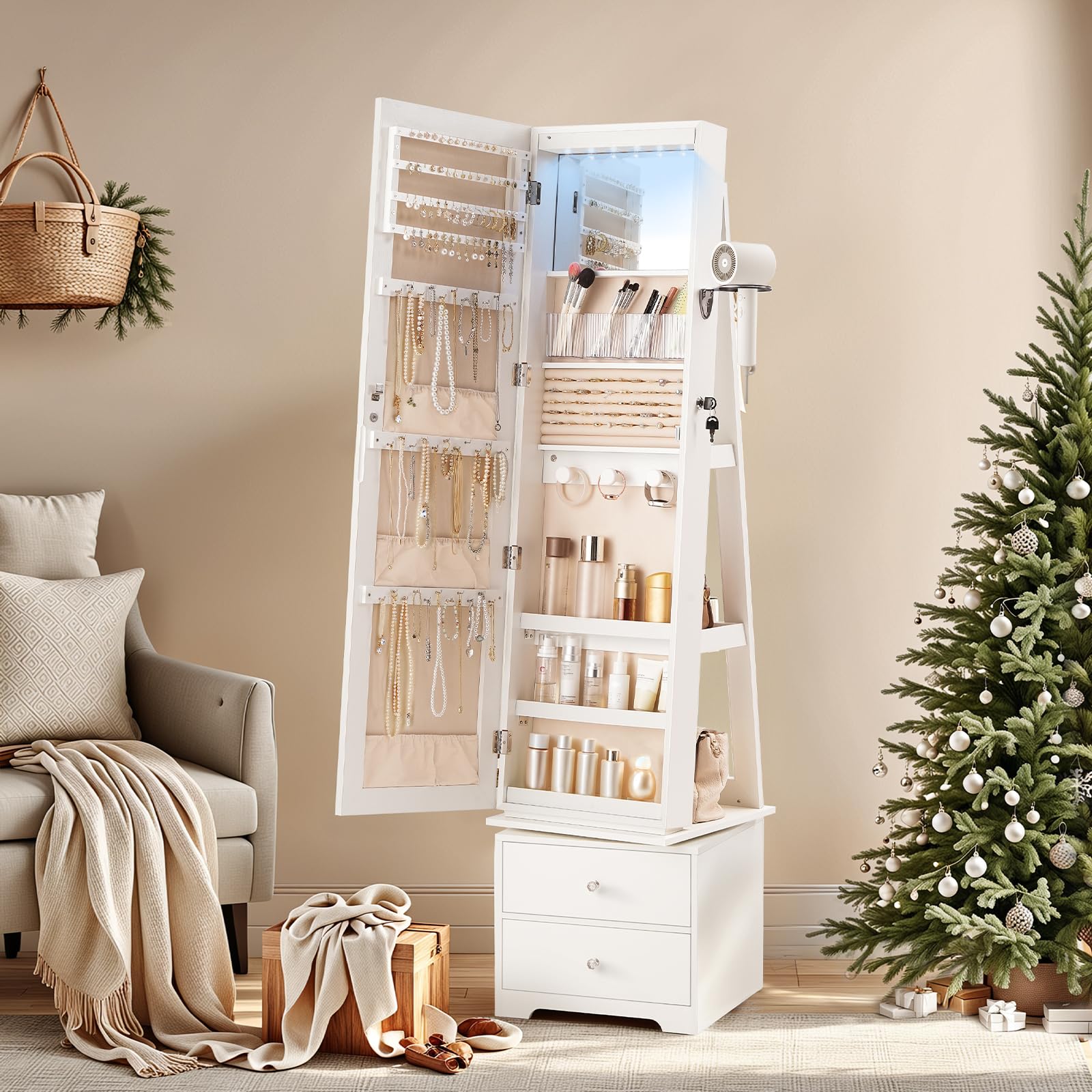 360 °   LEDライト付きの回転式ジュエリーキャビネッ - Full Length Mirror Jewelry Armoire のレビューと価格