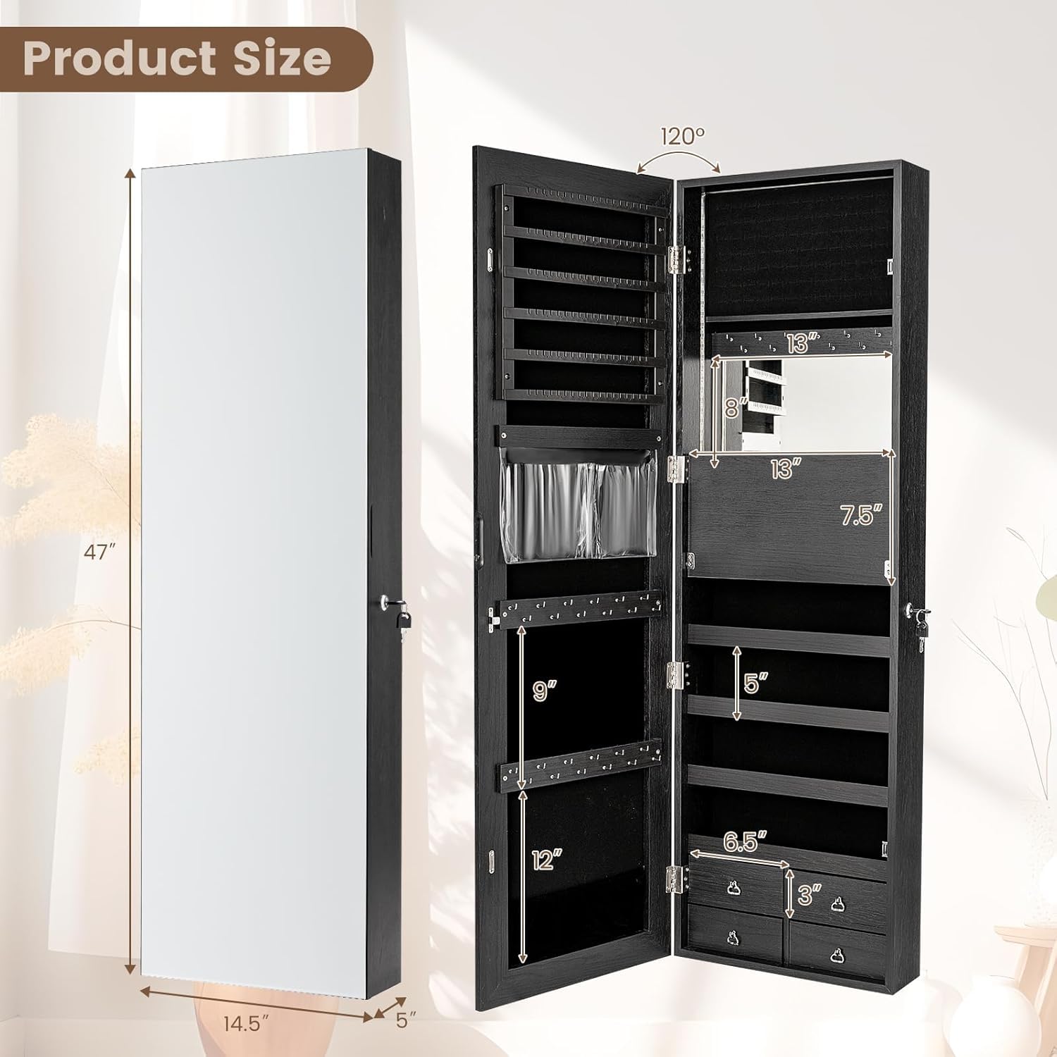 47インチLEDジュエリー収納キャビネット。収納スペース付き - Full Length Mirror Jewelry Armoire のレビューと価格