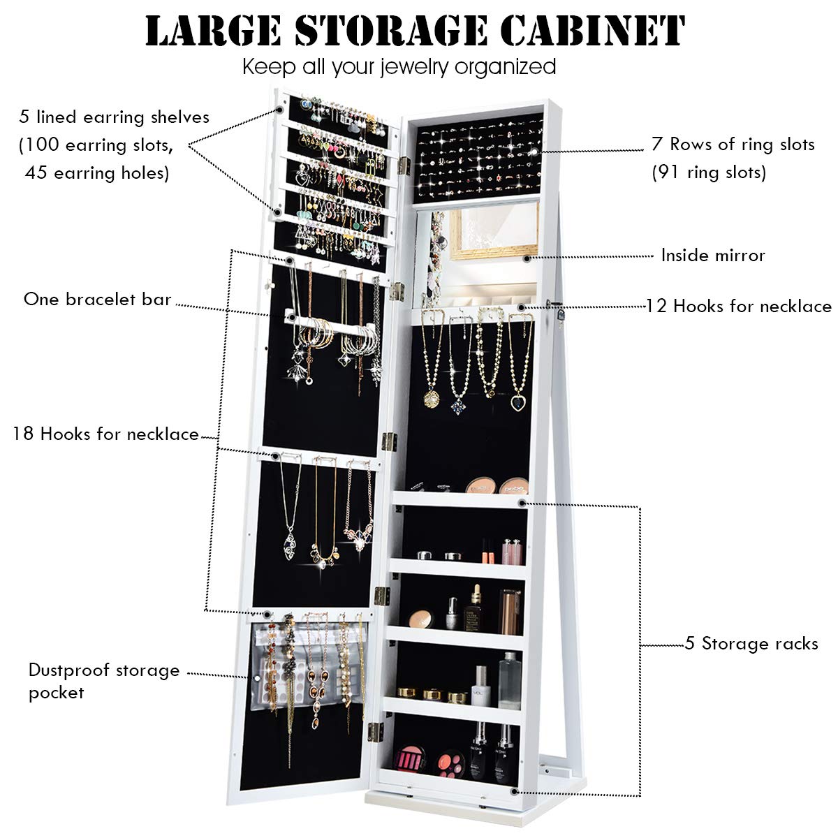 全身鏡付きの自立式ジュエリー収納キャビネット、鍵付き - Full Length Mirror Jewelry Armoire のレビューと価格