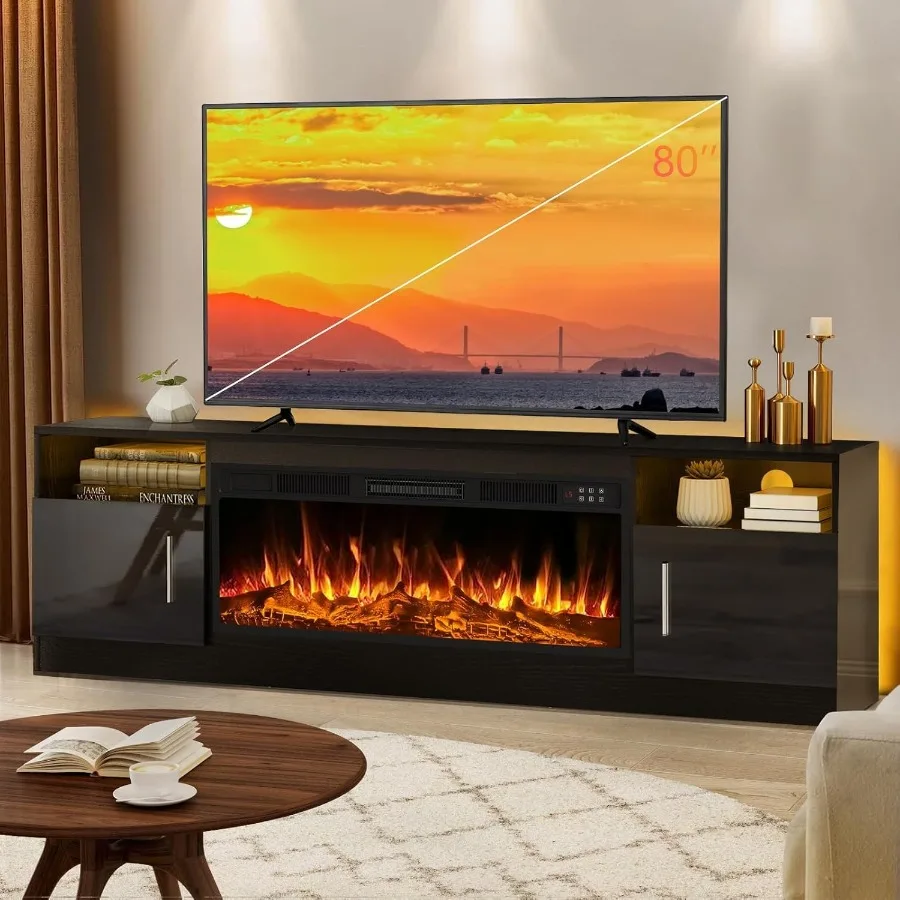リビング用のテレビ台。暖炉付き。木製、黒色。最大80インチの - Storage のレビューと価格