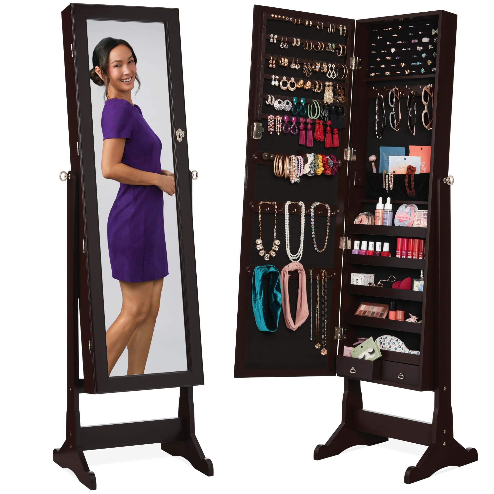 自立式のジュエリー収納キャビネット、全身鏡、鍵付きの化粧品収 - Full Length Mirror Jewelry Armoire のレビューと価格